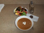 armenian red lentil soup, mixed salad with roasted portabello mushrooms, chia gel. yum. 